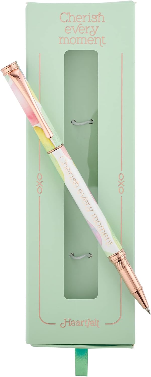 Heartfelt Bolígrafo de escritura de gel para mujer, metal dorado rosa con cristal de mar liso en colores pastel, diseño de acuarela, frase