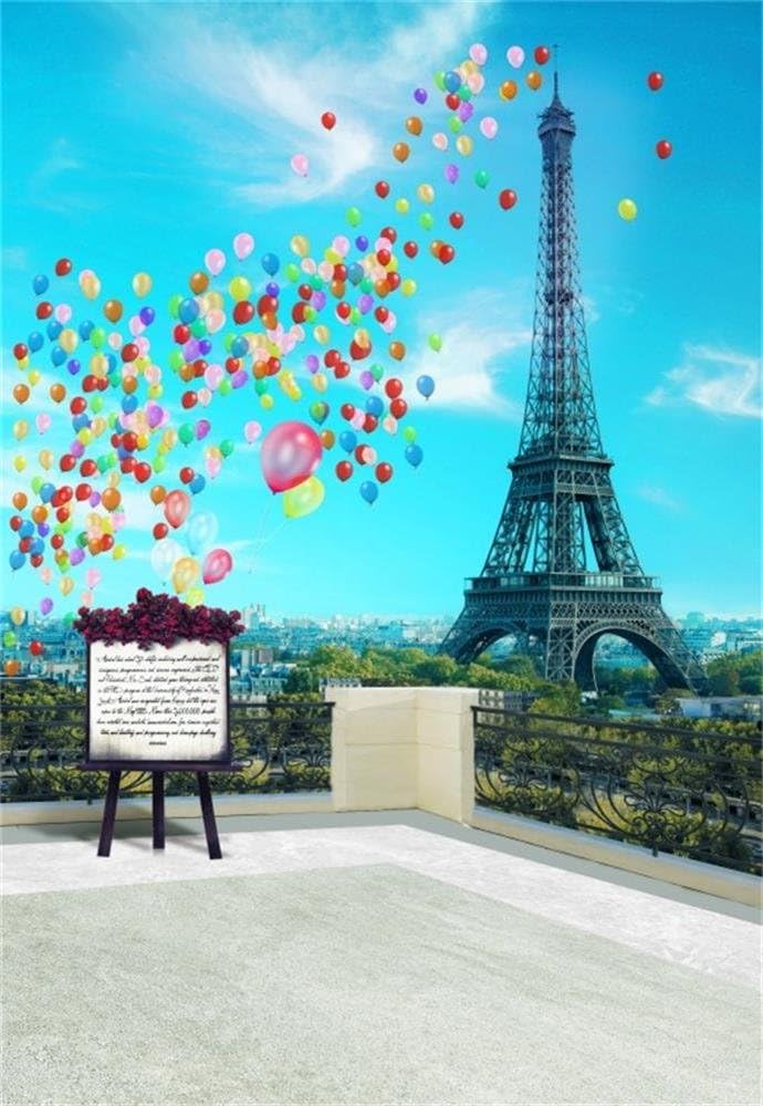 AOFOTO Fondo de torre Eiffel de 4 x 6 pies, paisaje de París, Francia, ciudad, arquitectura, balcón, globos coloridos, caballete, fotografía, fondo,