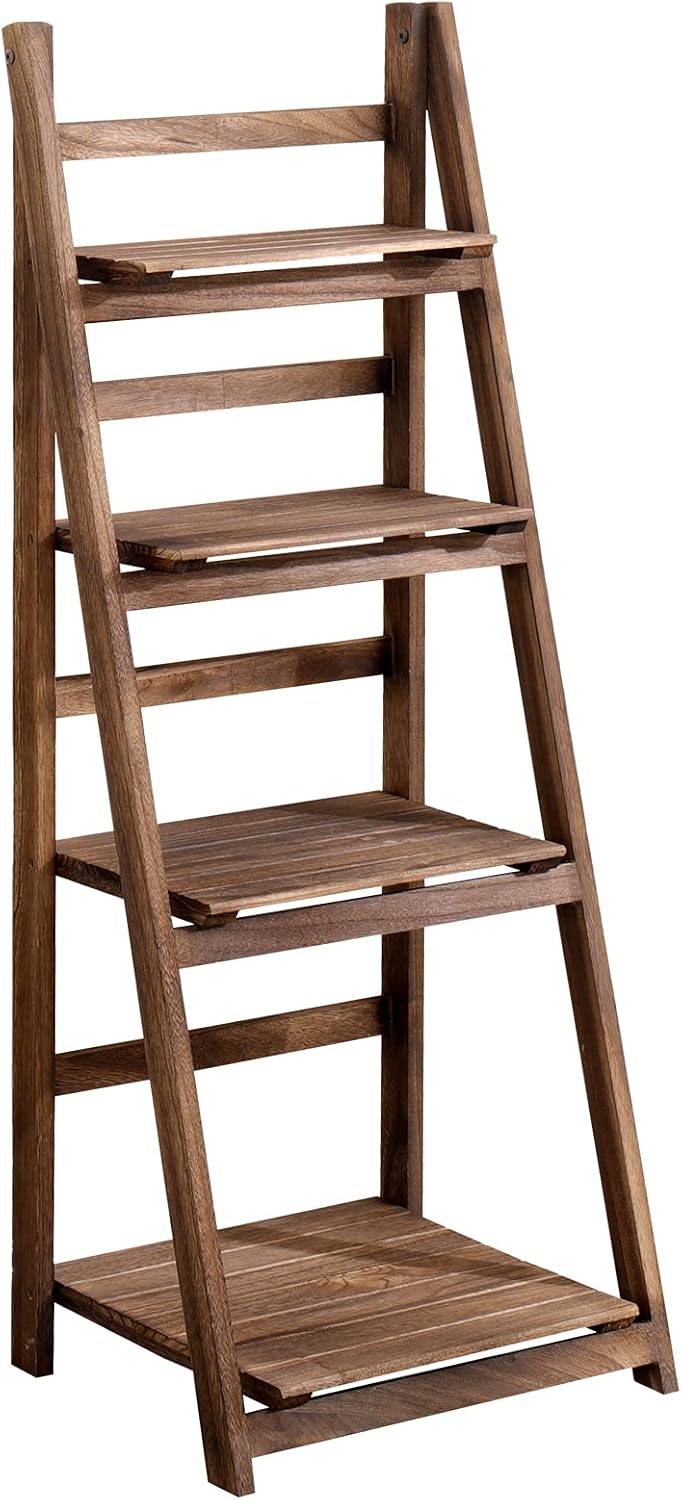 ECOMEX Estante de escalera de 4 niveles, estante de escalera de madera de 4 niveles, estante de escalera plegable rústico para almacenamiento para