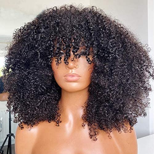 Peluca afro rizada con flequillo, hecha a máquina, peluca superior del cuero cabelludo de 200 de densidad, cabello humano virgen brasileño, corto,