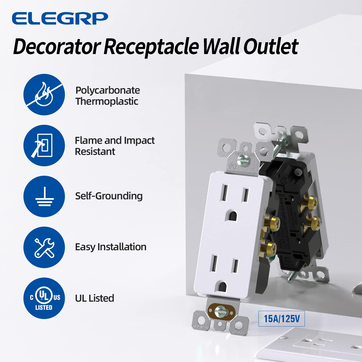 ELEGRP Receptáculo decorador, toma de pared eléctrica estándar de 15 A 125 V, 2 polos y 3 cables, resistente a manipulaciones, NEMA 5-15R, toma de