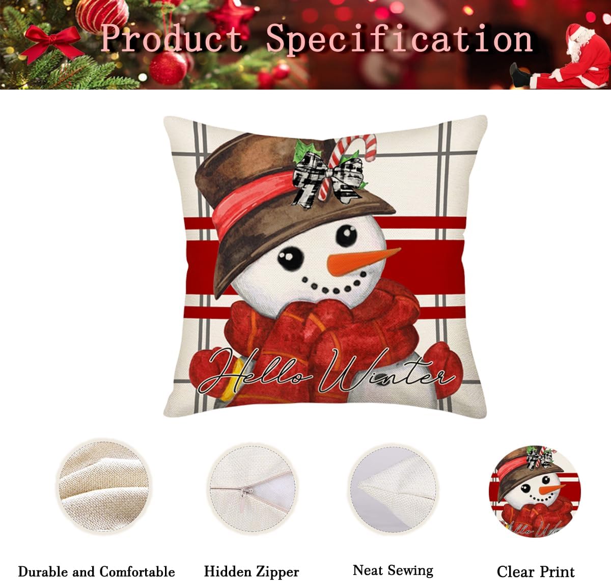 Juego de 4 fundas de almohada con diseño de árbol de Navidad, muñeco de nieve de 22 x 22 pulgadas, color rojo y blanco, decoración de Navidad,