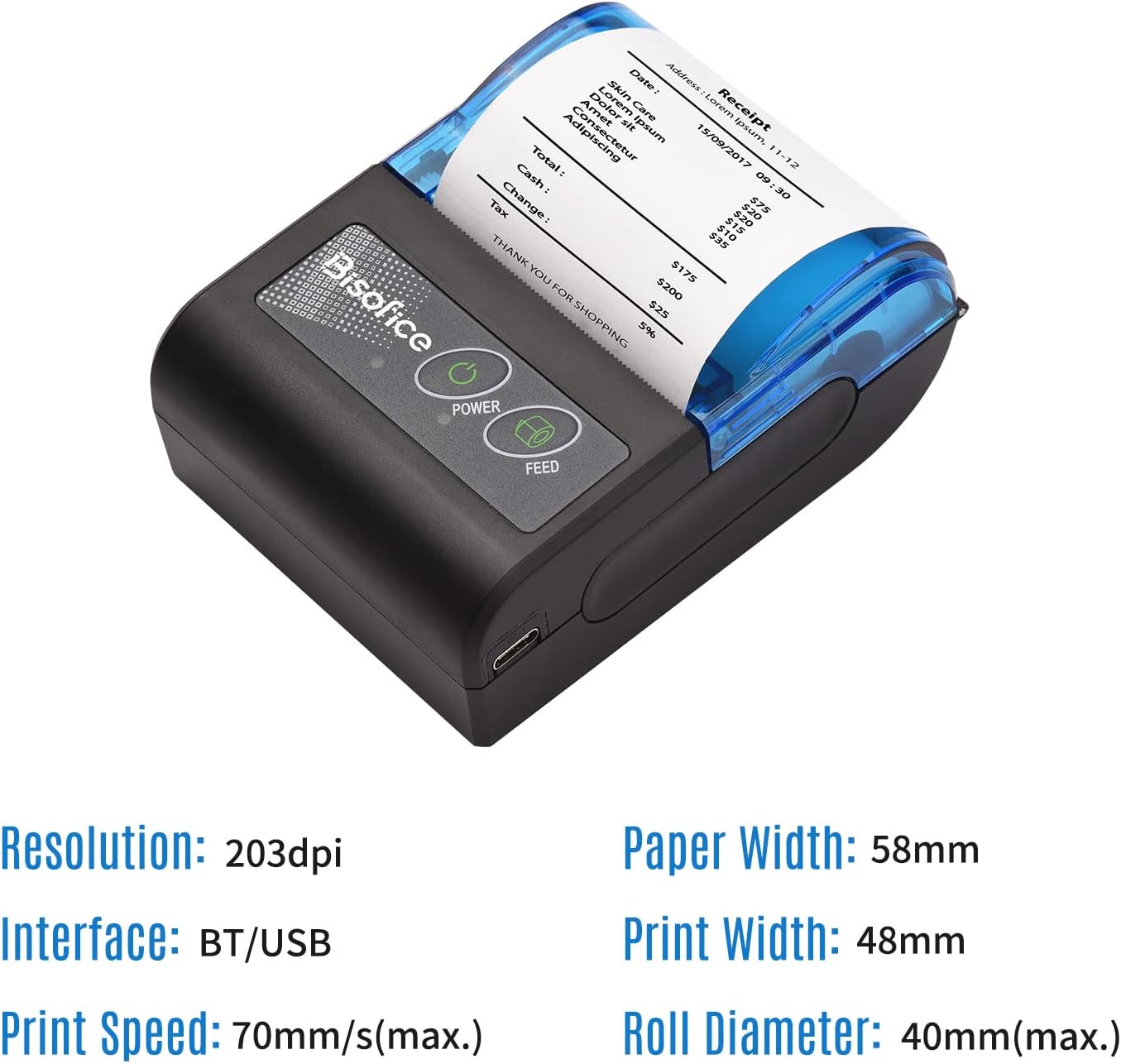 Mini impresora térmica portátil, impresora térmica de recibos de 2 pulgadas, impresora inalámbrica de boletos de recibos USB con papel de impresión