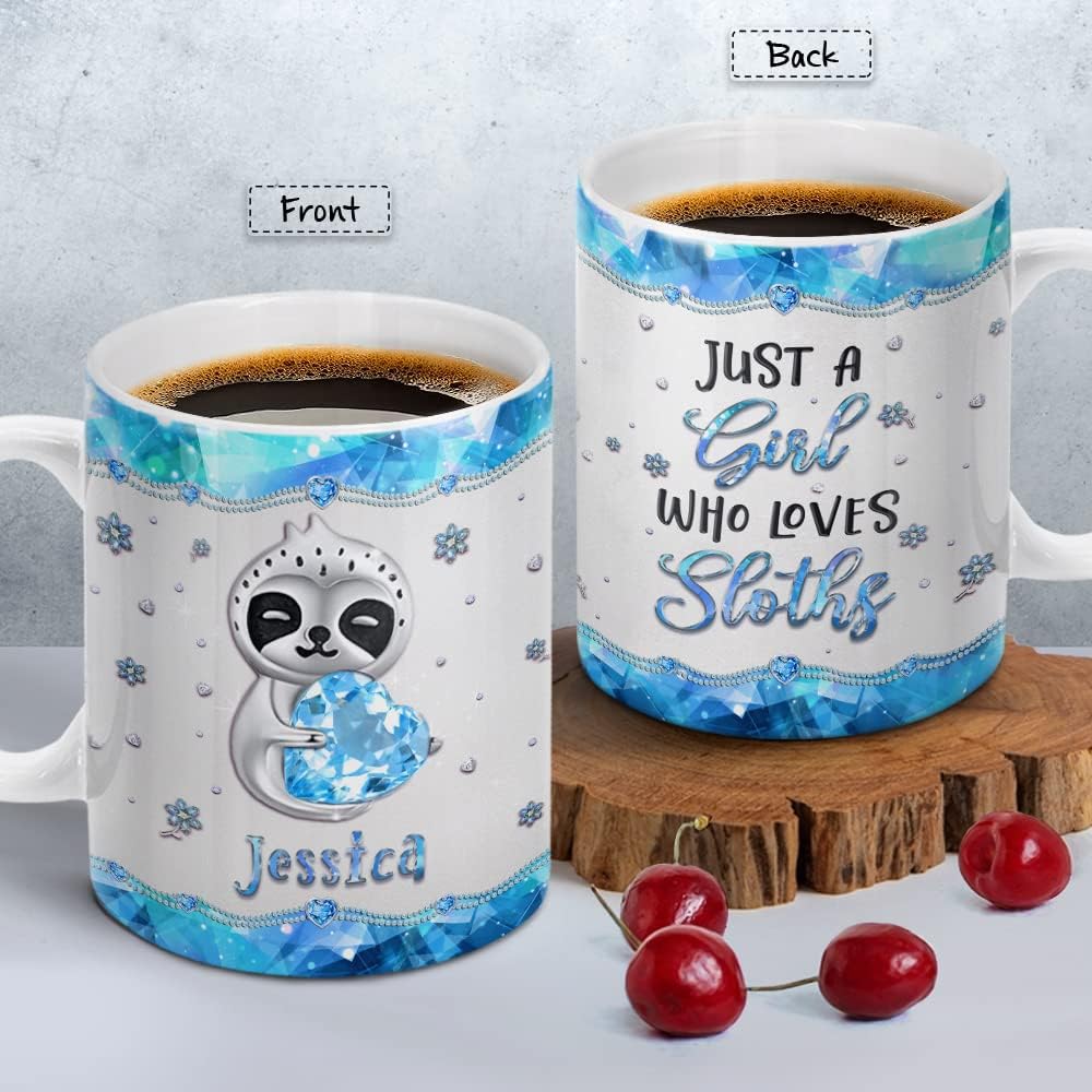 SANDJEST Taza de café personalizada de perezoso, taza de cerámica de 11 onzas y 15 onzas, estilo de joyería, con texto en inglés Just A Girl Loves