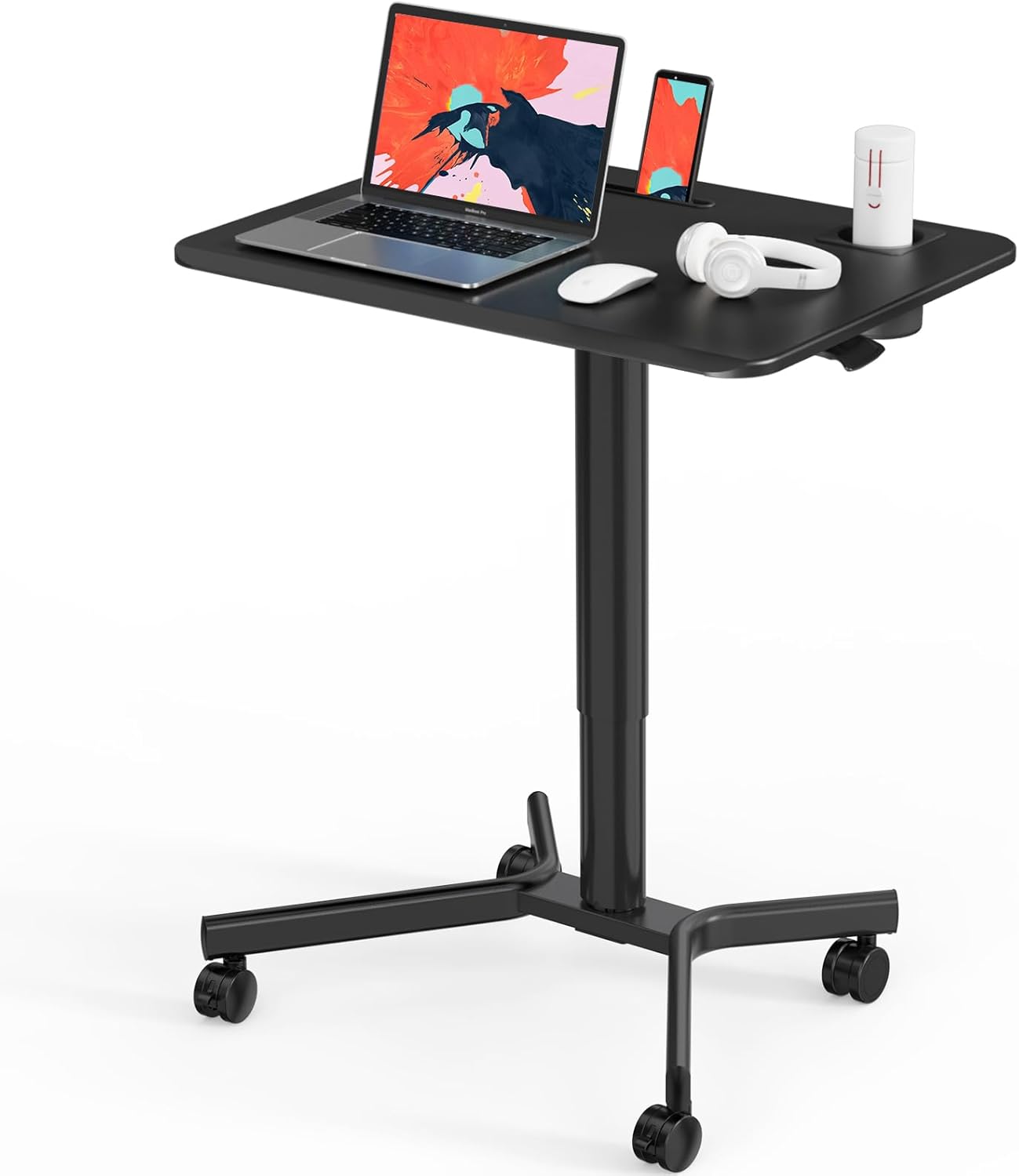 JYLH JOYSEEKER Escritorio móvil de pie, escritorio de pie con soporte para tazas, escritorio móvil con ruedas, altura ajustable, escritorio portátil