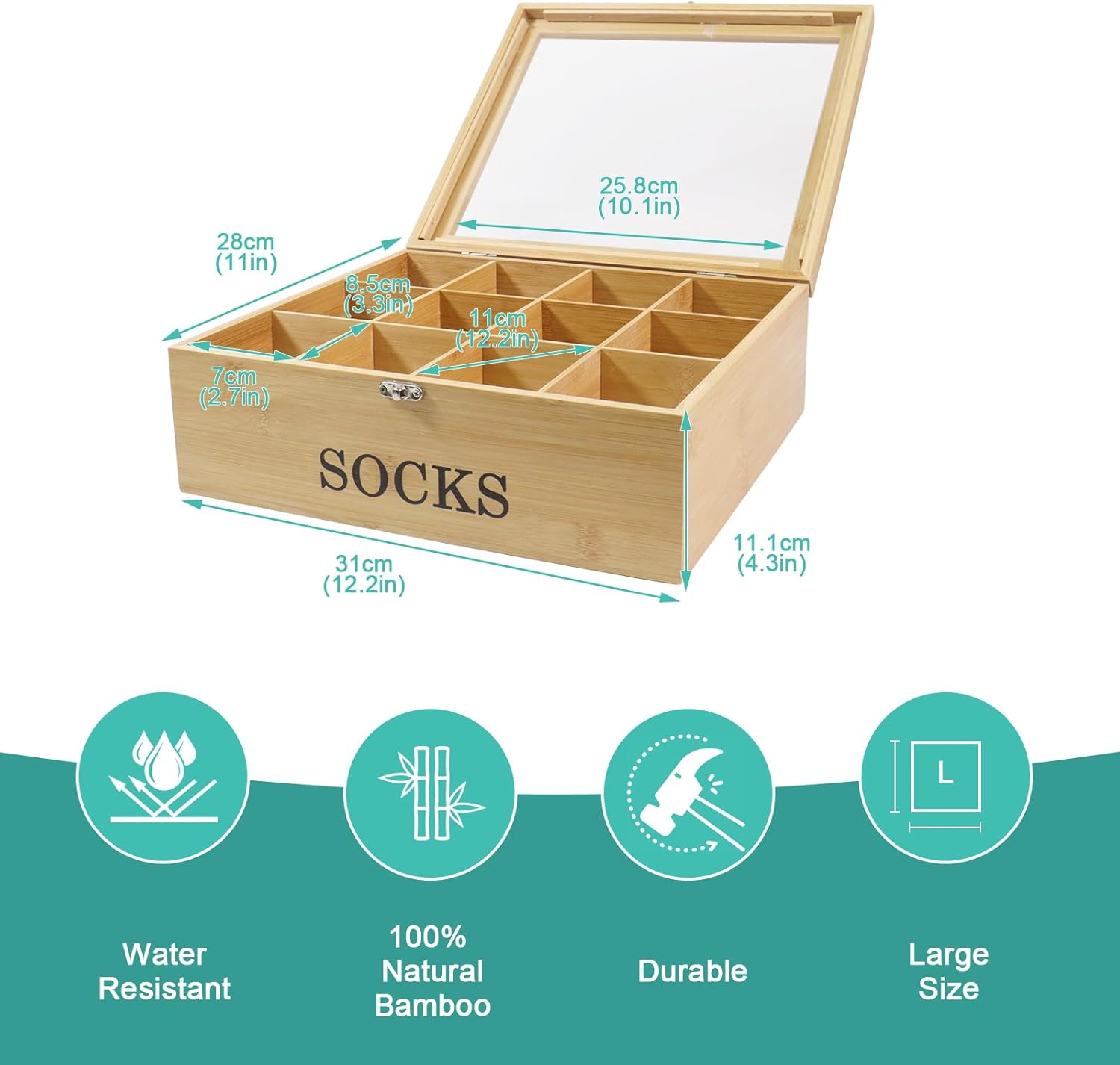 Gdfjiy Caja de almacenamiento de calcetines, organizador de cajones de calcetines, organizador de almacenamiento de calcetines de bambú con ventana