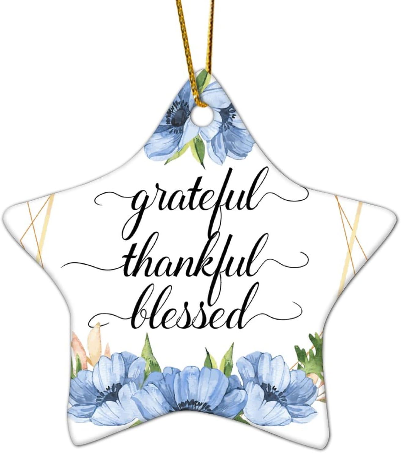 Corona floral Grateful Thankful Blesed, adorno decorativo de estrella plana de cerámica para decoración de árbol de Navidad, adorno de compromiso de