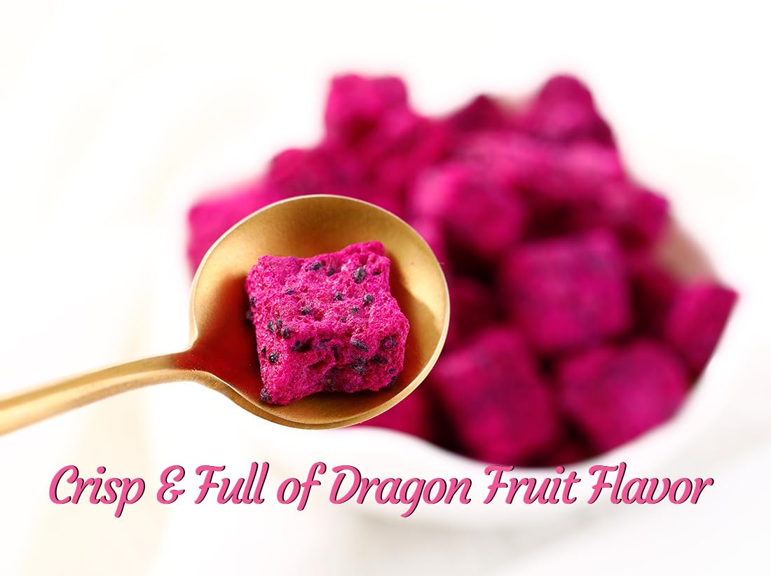 Fruta del dragón liofilizada prémium en cubitos de 2.7 onzas2.72 oz, Pitaya sin azúcar añadido, 1 ingrediente y 100% natural y sin aditivos.