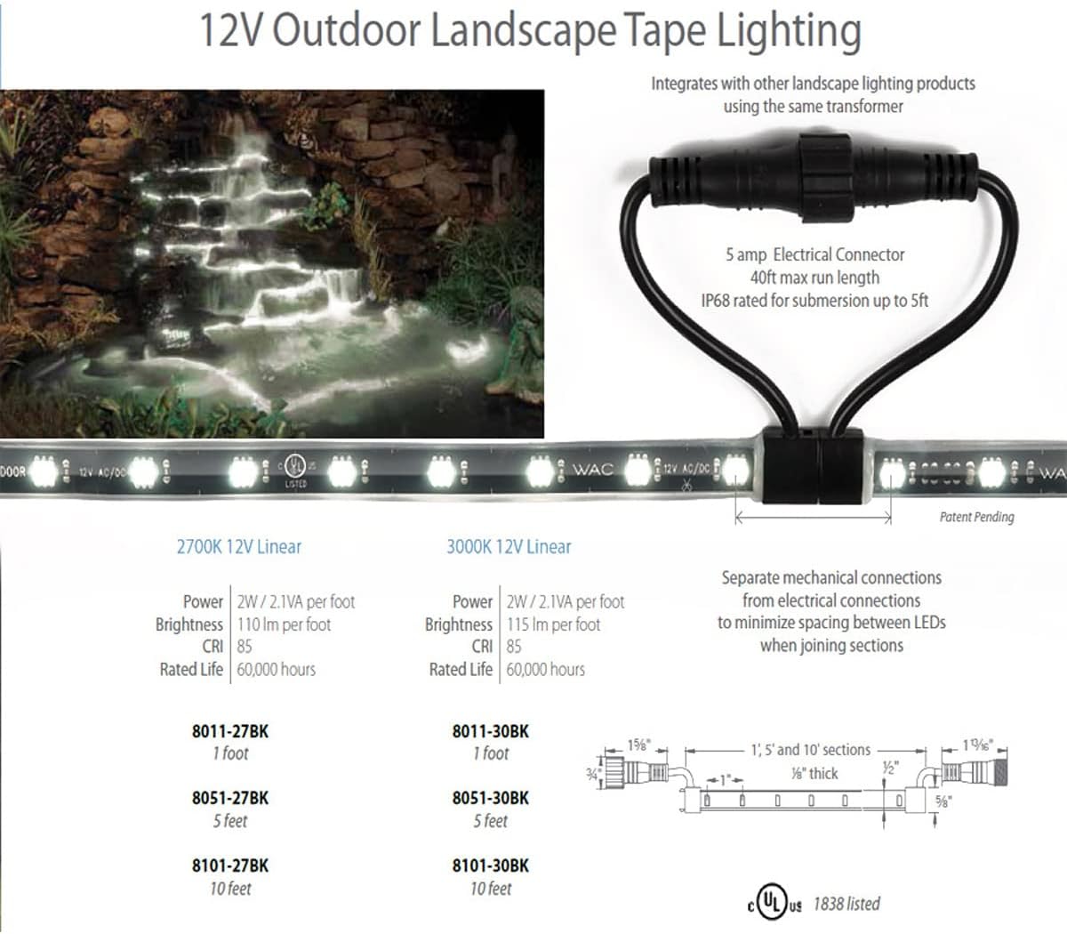 WAC iluminación de paisaje, LED 12VDC interior y exterior IP68 sumergible tira de luz 2W por pie 3000K 1ft longitud