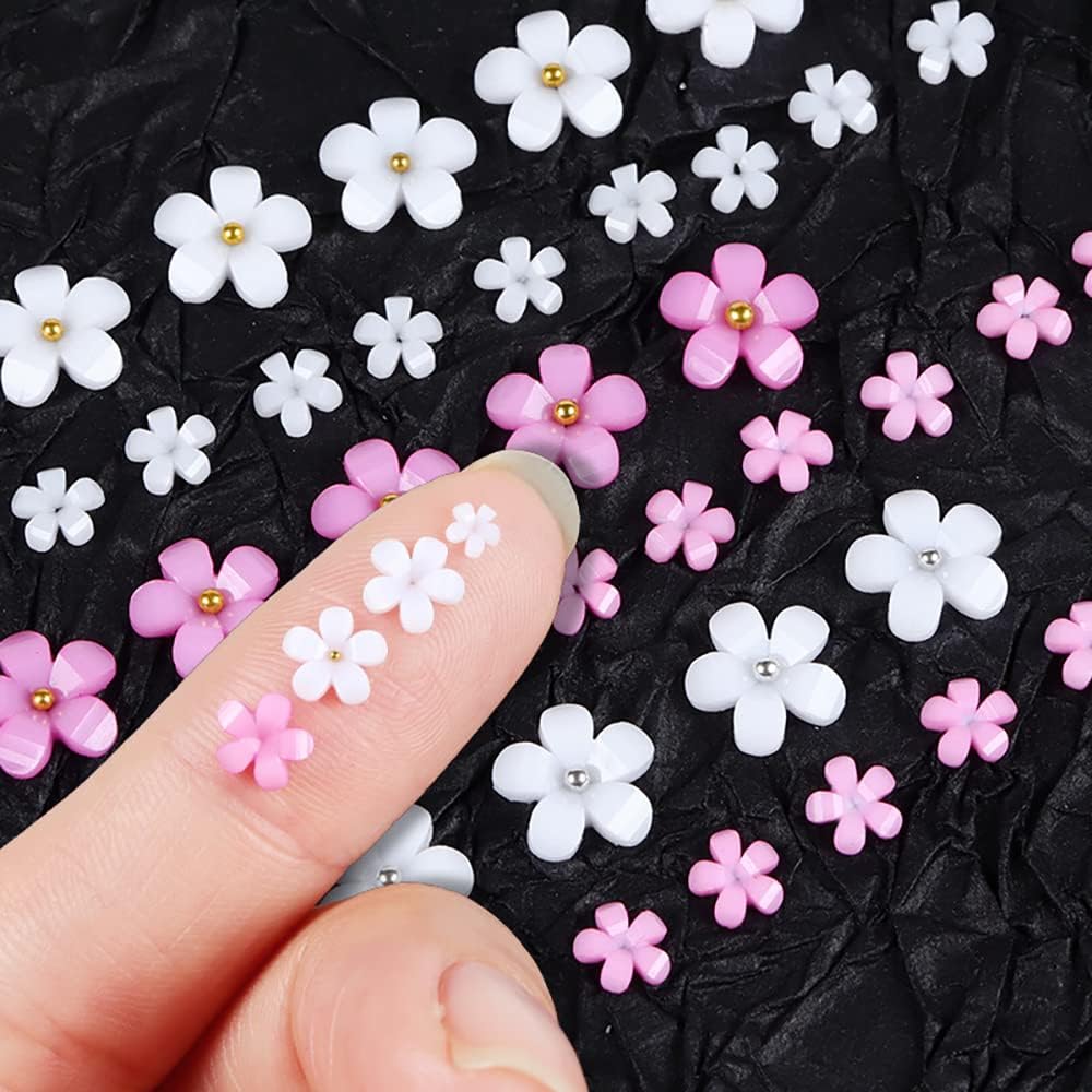 Dijes para uñas de flores 3D, 2 cajas de diamantes de imitación de flores acrílicas 3D, blanco y rosa, mezcla de cerezo, gemas de primavera,