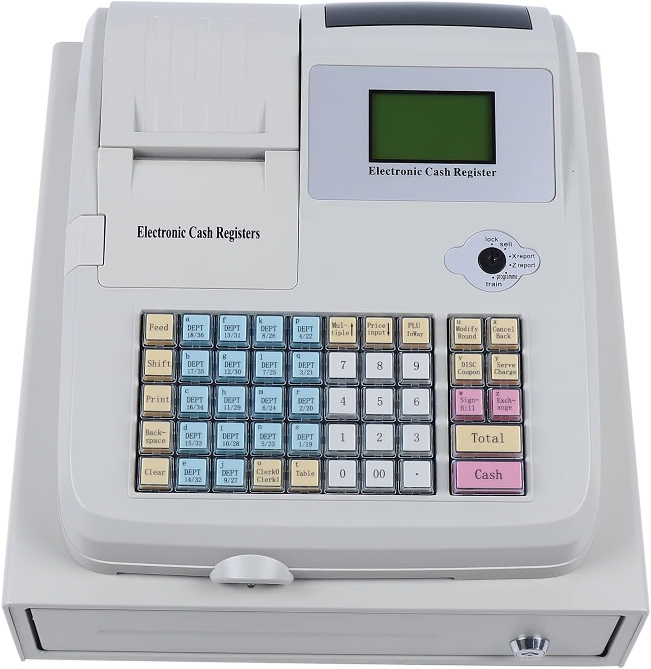 Caja registradora electrónica con 48 llaves Sistema POS caja registradora W8 ranuras para monedas y 3 ranuras para billetes, 8 pantalla LED digital