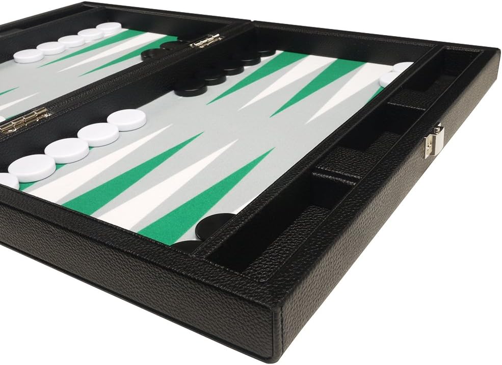 Silverman & Co. Juego de Backgammon Premium de 13 pulgadas, tamaño de viaje, tablero negro, puntos blancos y verdes