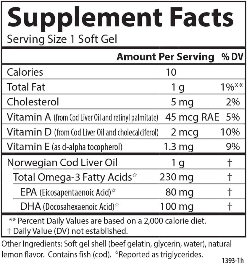 Carlson – Gemas de aceite de hígado de bacalao, baja vitamina A, 230 mg de omega-3, noruego, capturado en la naturaleza, de origen sostenible, 300