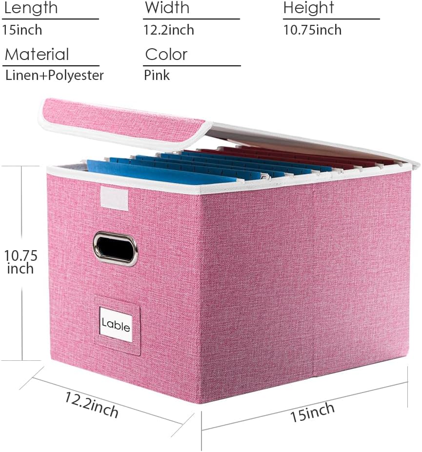 PRANDOM Caja organizadora de archivos, juego de 2 carpetas plegables decorativas de lino para almacenamiento de archivos colgantes con tapas,