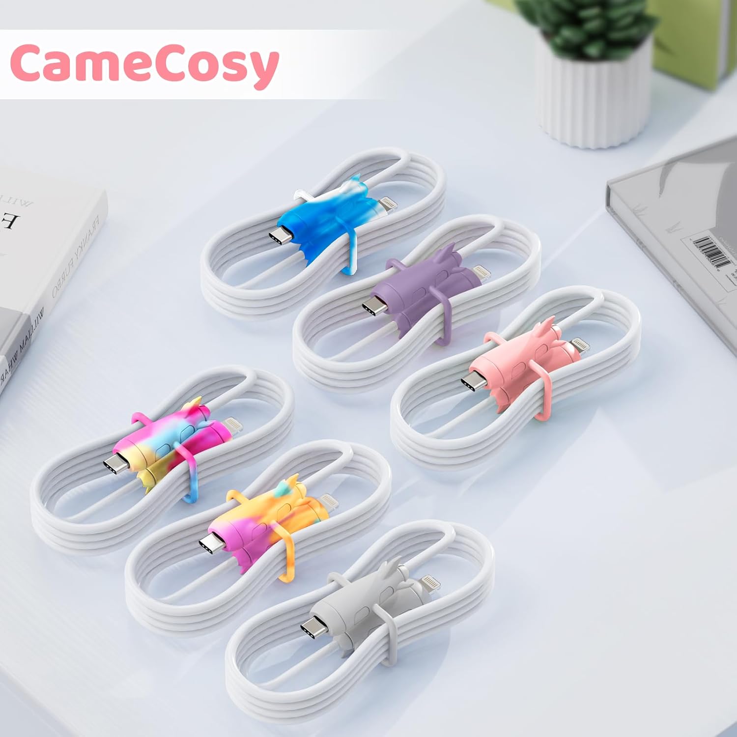 CameCosy Funda protectora de cable 2 en 1 compatible con iPhone, Android, cable USB tipo C, 2 unidades de silicona estirable para cargador de cable,