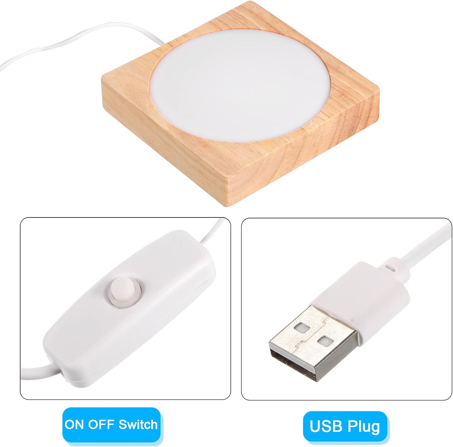 PATIKIL Base de luz LED de madera de 4 pulgadas, base de exhibición de luz de madera con interruptor para arte de resina de cristal 3D, blanco frío,