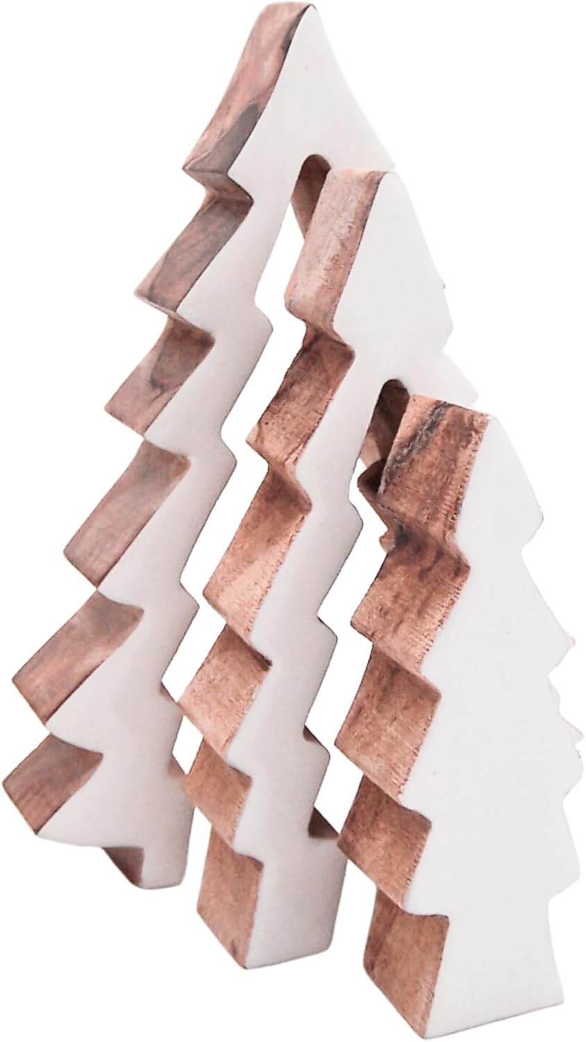 Árbol de madera 3D de 3 piezas con esmalte blanco, decoración navideña independiente, decoración navideña, 8 pulgadas