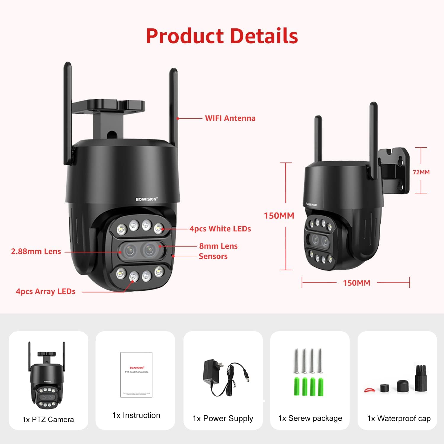BOAVISION Cámara de seguridad 4G para exteriores, cámara de exterior Wi-Fi de doble lente 2K, cámaras PTZ de 360 para seguridad del hogar con