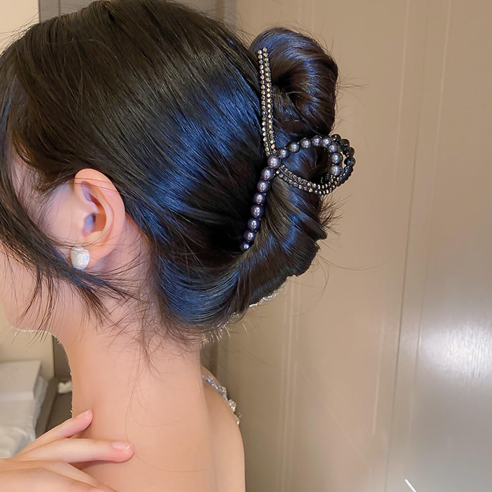 Pinza grande para el cabello con perlas y diamantes de imitación, pinza de mandíbula para el cabello negro, pinza antideslizante para el cabello,