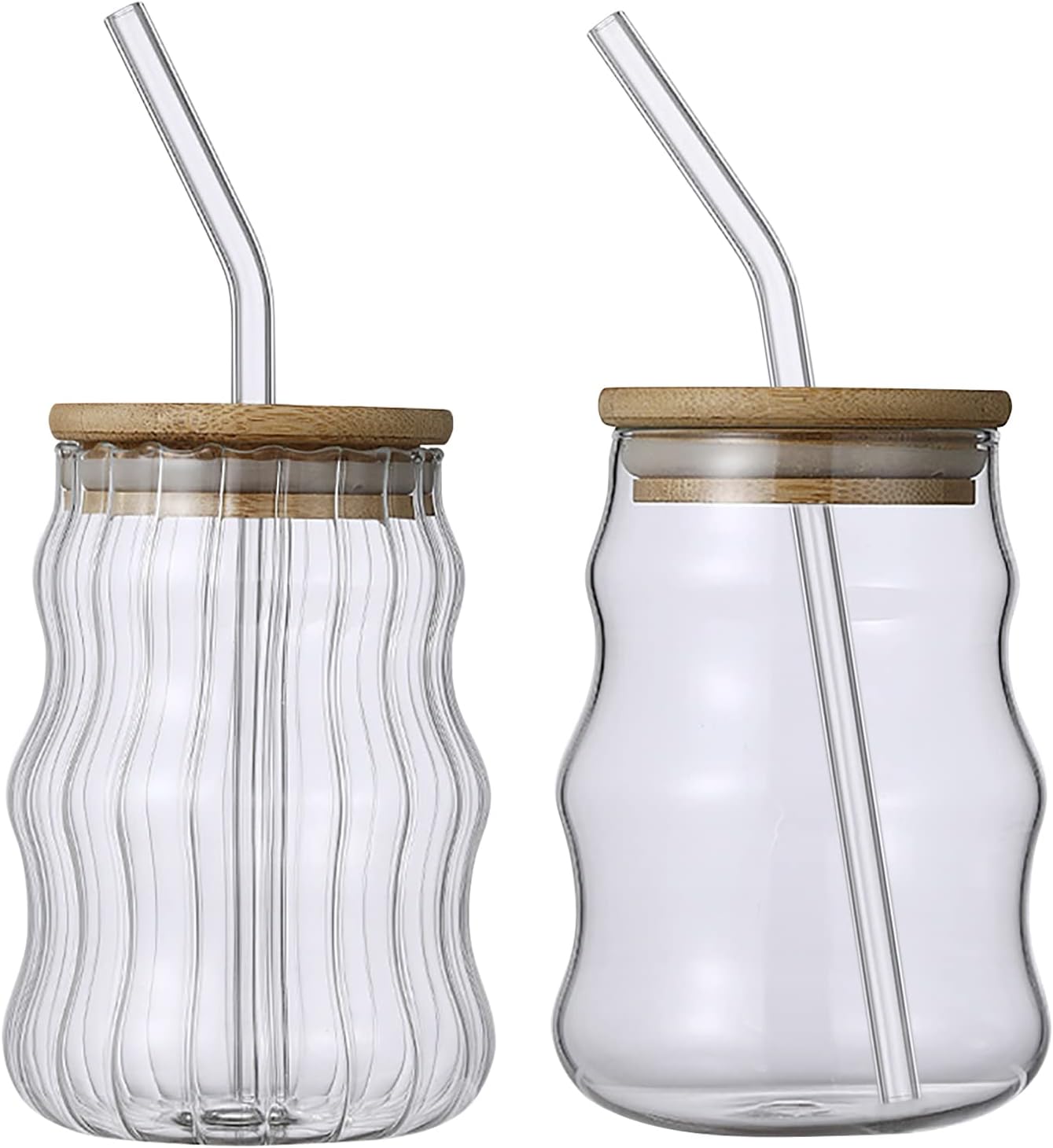 2 vasos de vidrio acanalados con tapa y pajitas de bambú, vasos de vidrio ondulado de 17 onzas, vasos de café helado, vasos de bebida en forma de