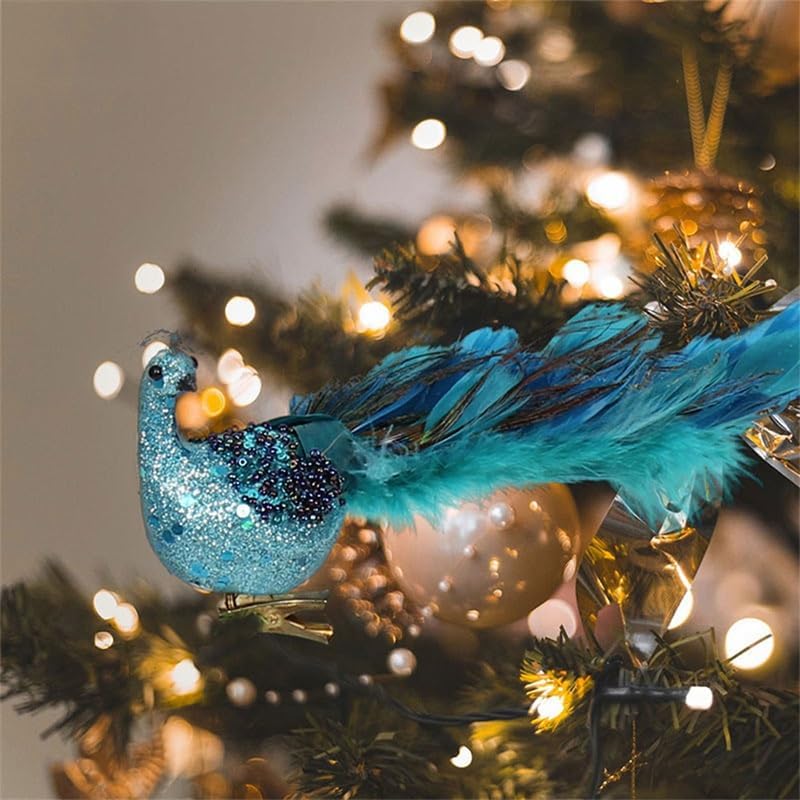 Adorno de Navidad 2023 con purpurina azul pavo real, decoración de pavo real con cola de plumas y clip para árbol de Navidad (blanco y azul, paquete