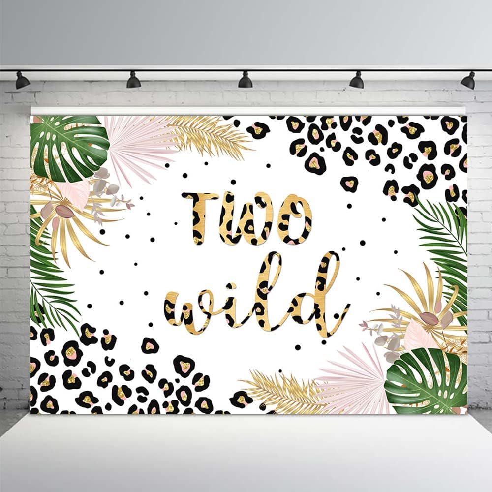 MEHOFOND Fondo de dos salvajes para niñas, diseño de leopardo, rosa, selva, safari, tema de 2 cumpleaños, decoración de fiesta, fondo de hojas