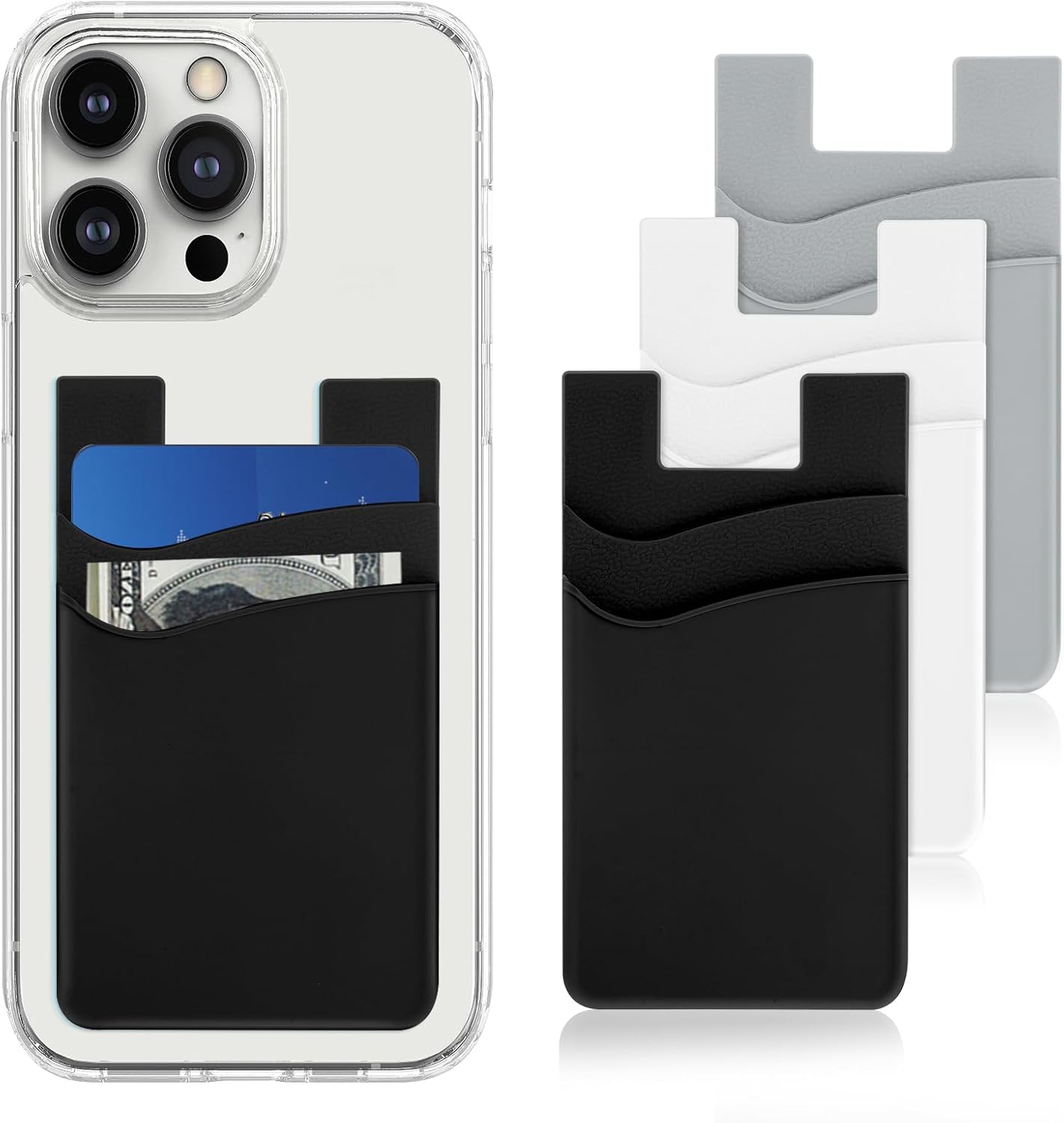 3 carteras de teléfono para la parte posterior de la funda del teléfono, soporte adhesivo de silicona para tarjetas de crédito, compatible con