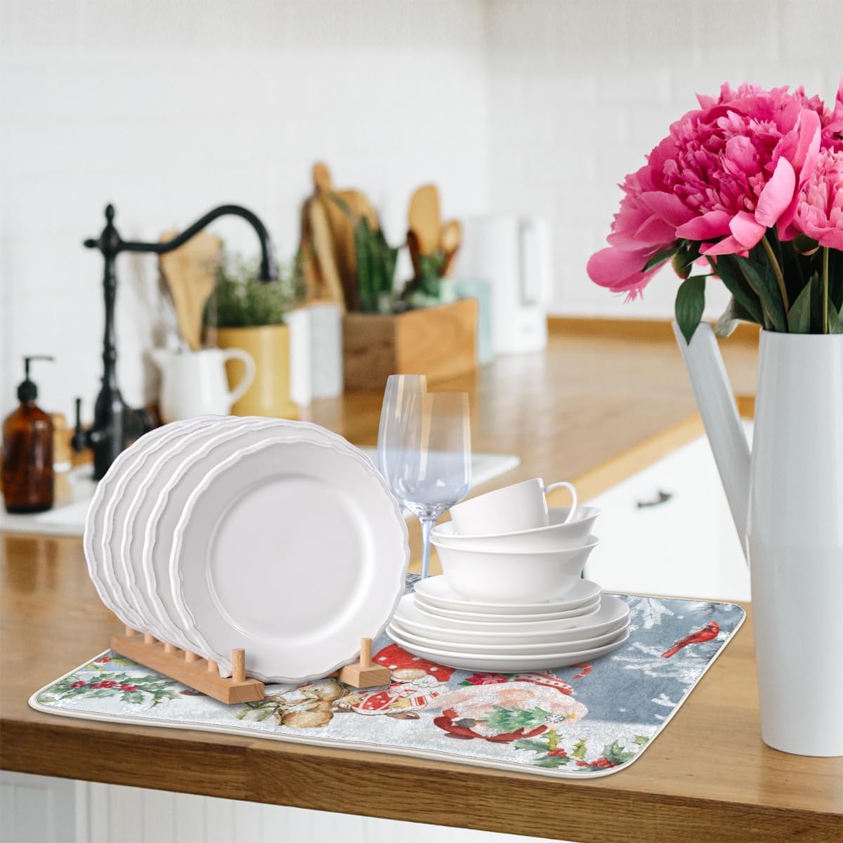 Tapete de secado de platos de Navidad, gnomos de invierno, almohadilla de secado de platos para encimera de cocina, tapete escurridor de platos