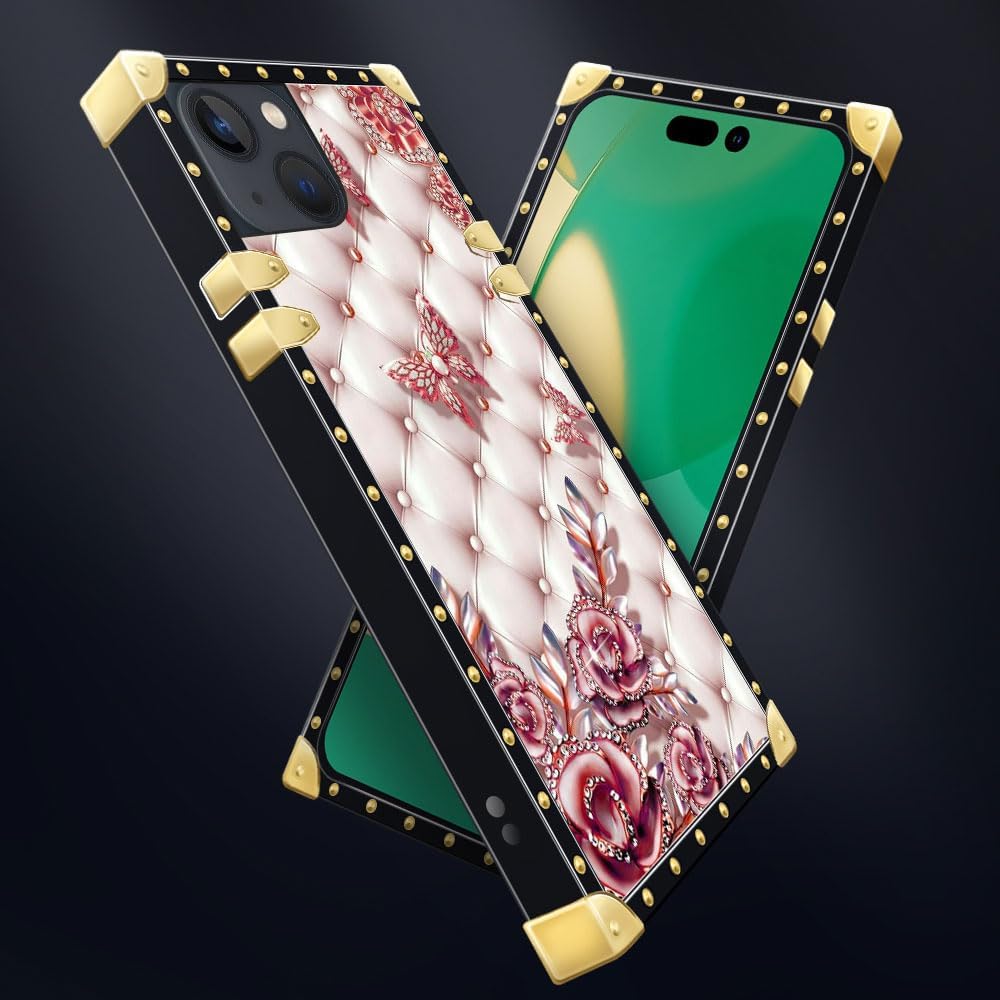 Yuning419 Funda compatible con iPhone 15 Plus, diseño de diamantes de mariposa, para niñas y mujeres, decoración de lujo, cuadrada, suave, TPU a