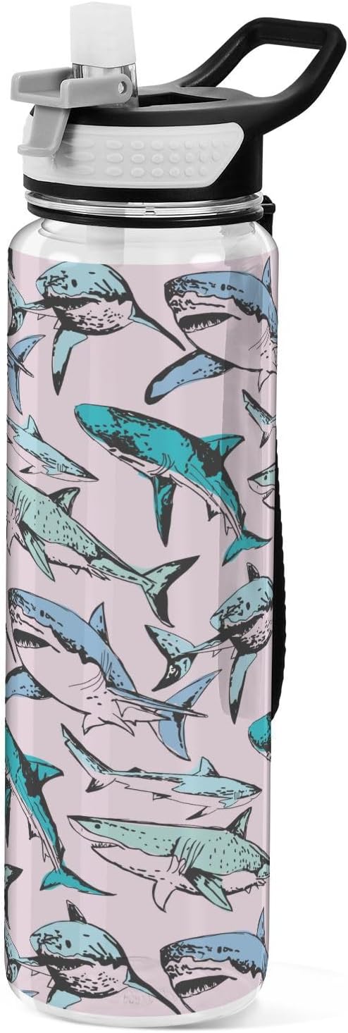Pink Sharks – Botellas de agua deportivas con pajilla, sin BPA, botella de agua grande transparente para correr, para mujeres, hombres, niñas,
