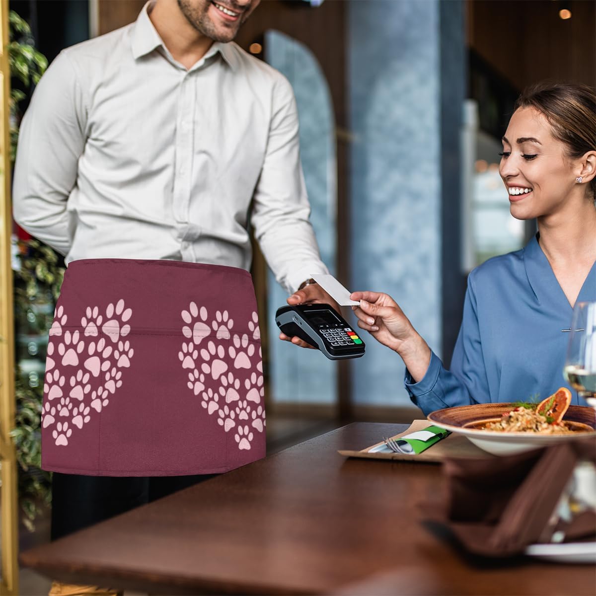 bisibuy 3 Pocket Waist Apron, Pack of 3, Heart Dog Paw Server Short Apron for Men Women, Kitchen, Restaurant, Cafe Delantales De Mesera Para Mujer