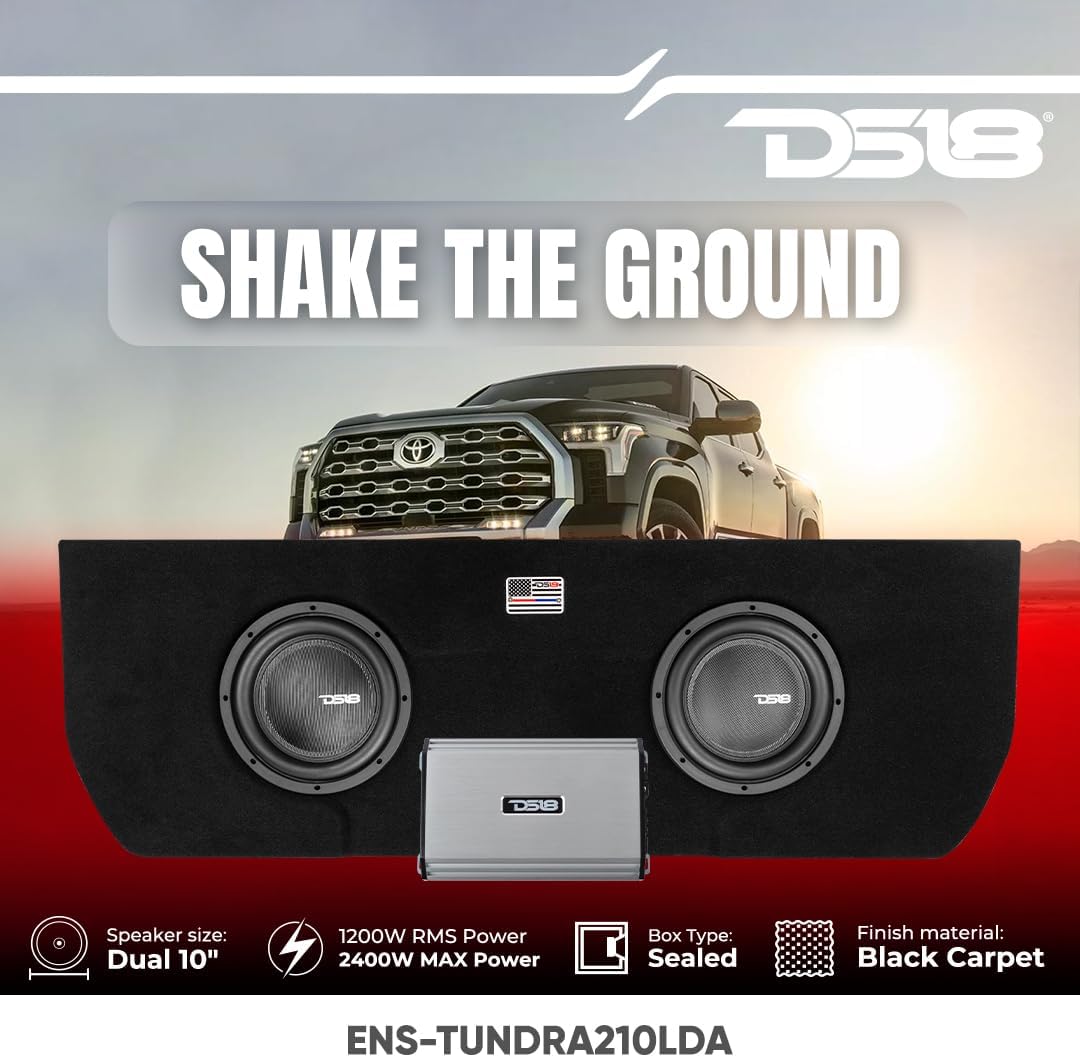 DS18 ENS-TUNDRA210LDA Carcasa Toyota Tundra con 2 subwoofers de 10 pulgadas, 1200 W, RMS 2400 W Max y 1 amplificador monobloque, caja sellada
