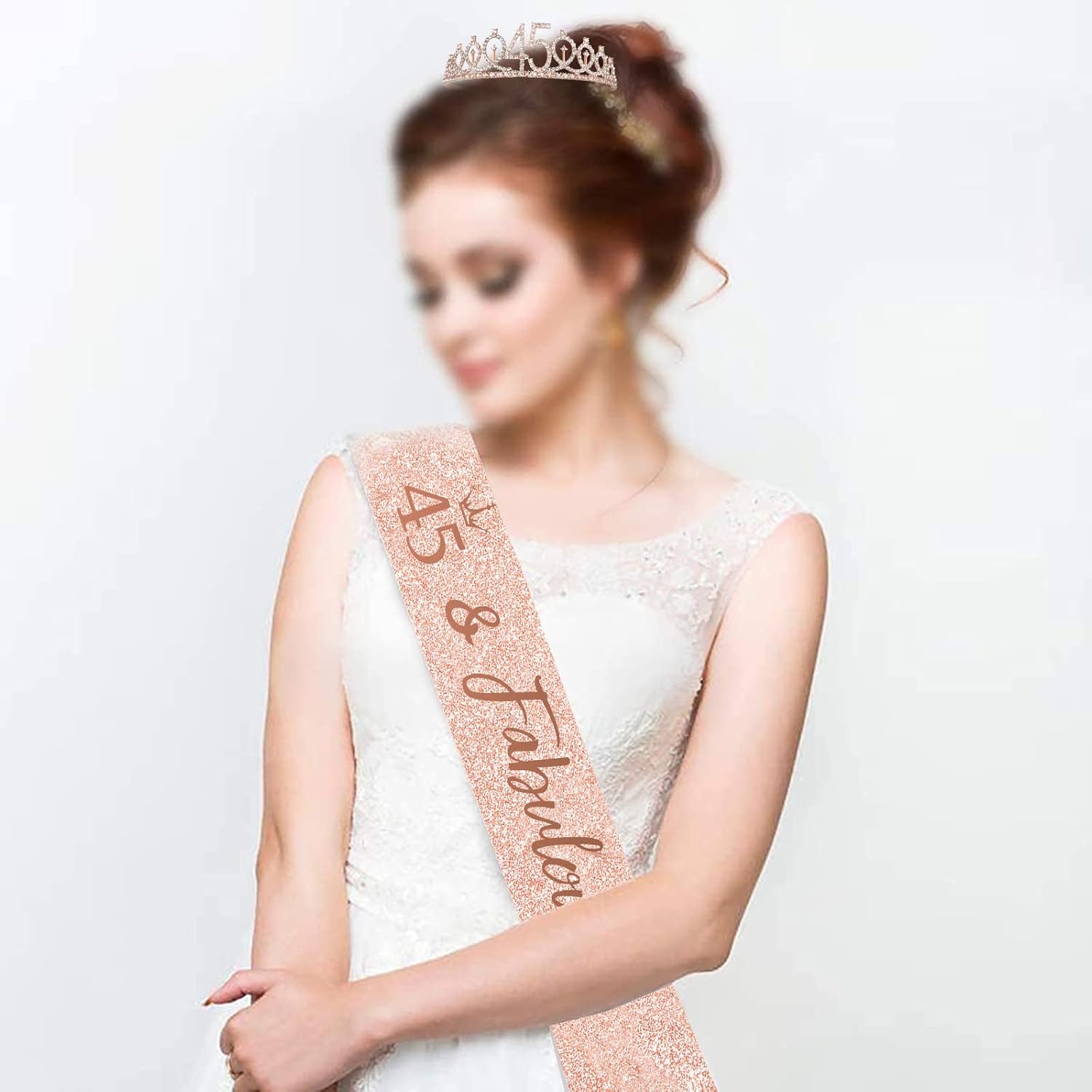 BRT Bearingshui Banda y tiara de cumpleaños número 45 para mujer, corona de banda de cumpleaños de oro rosa 45 y fabulosa banda y tiara para mujer,