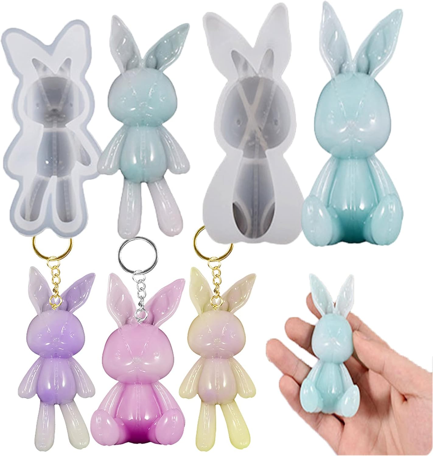 Moldes de resina de conejo 3D, 2 moldes de resina de conejo, moldes de silicona de conejo de Pascua para llavero colgante, joyería, manualidades de