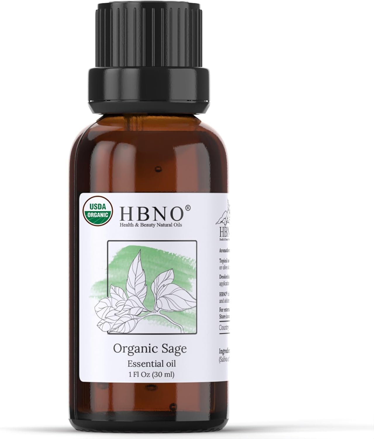 HBNO Aceite esencial de salvia orgánica, 1 onza (1.0 fl oz), aceite esencial de salvia orgánica certificado por USDA, destilado al vapor para
