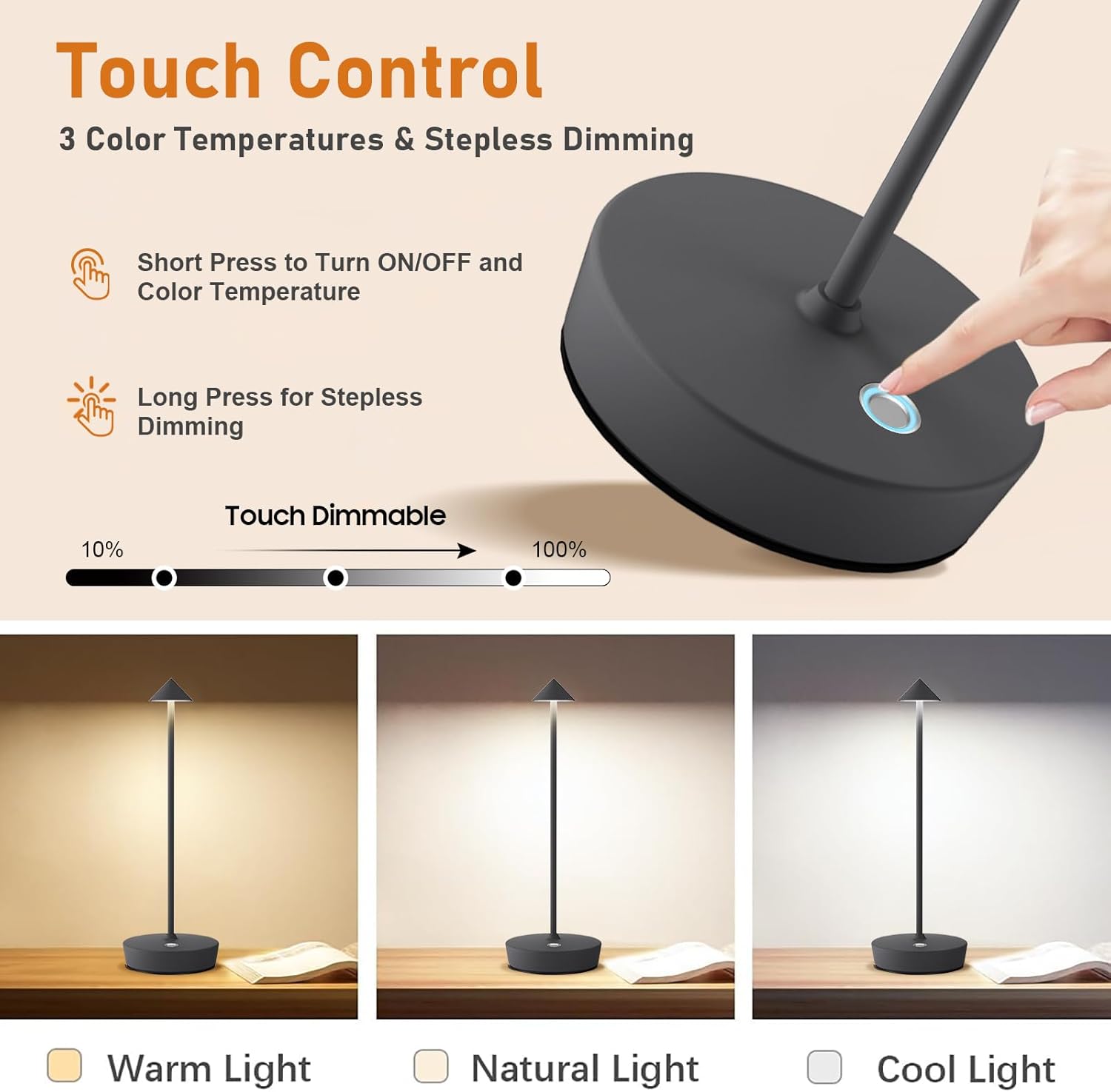 Juego de 2 lámparas de mesa inalámbricas recargables, 6000 mAh LED, funciona con pilas, lámpara de escritorio con control táctil, atenuación