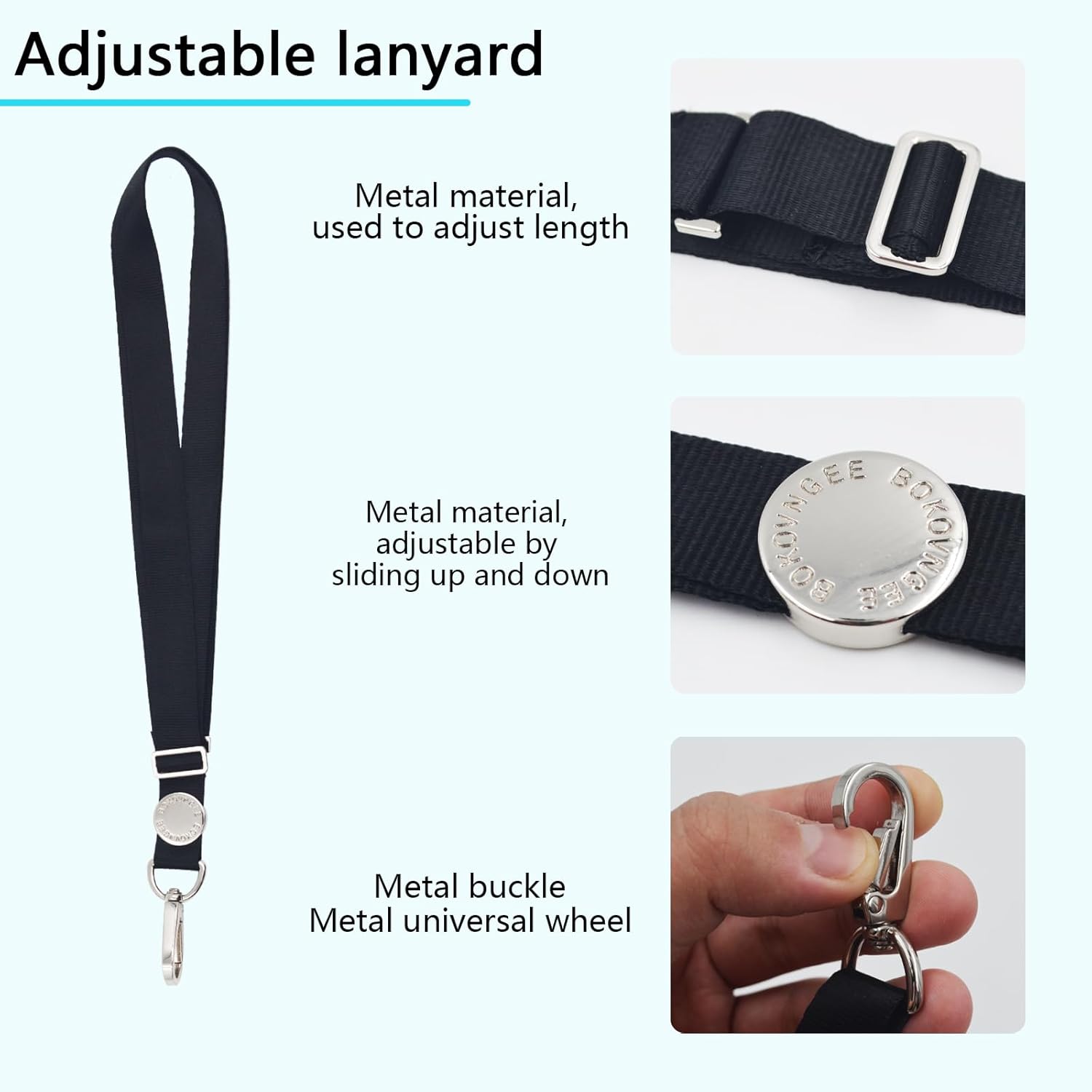 BOKOVNGEE Soporte para tarjetas de identificación con cordón de nailon negro de longitud ajustable y llavero de metal, soporte vertical de piel de