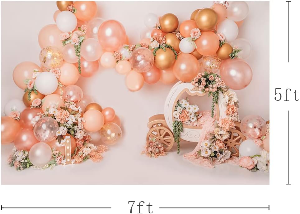 MEHOFOND Fondo de globo rosa y dorado de 7 x 5 pies para primer cumpleaños, decoración de fiesta de primer cumpleaños, fotografía floral, carro,