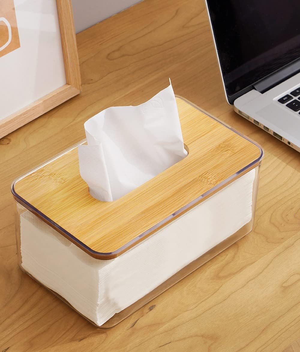 Soporte para pañuelos, caja dispensadora de hojas para secadora con tapa de madera de bambú, recipiente transparente, diseño minimalista moderno,