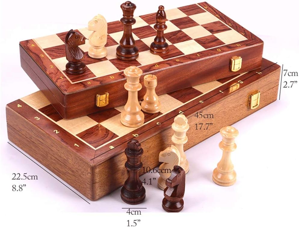 OUSIKA Tablero de ajedrez portátil plegable de madera con piezas de ajedrez de altura King de 4 pulgadas, tablero de ajedrez de madera maciza de