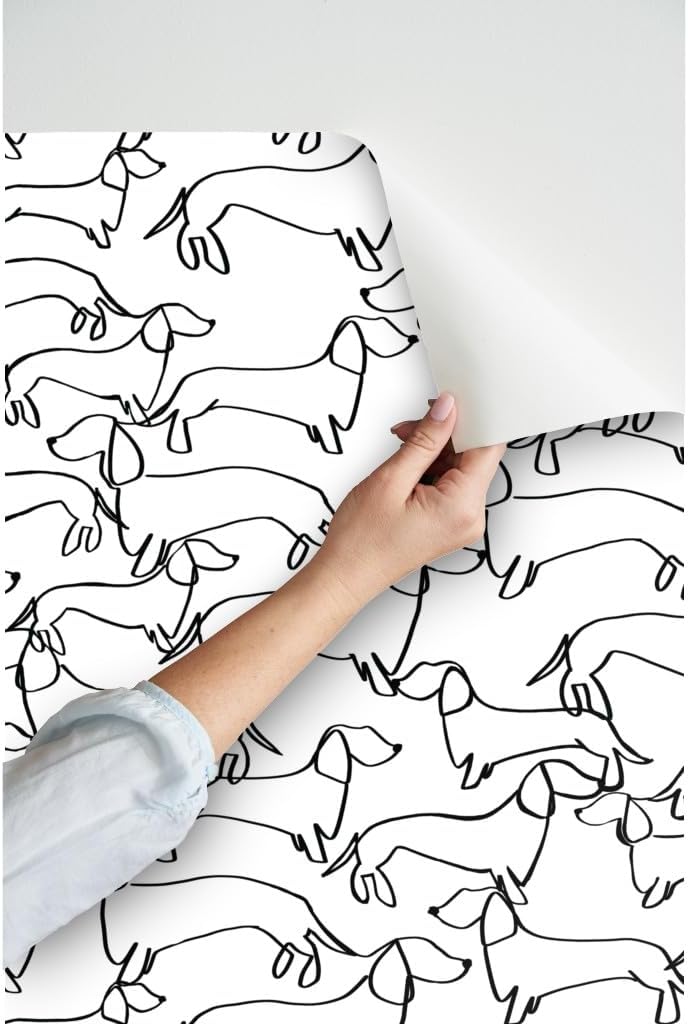 Spoonflower Papel tapiz para despegar y pegar, diseño de líneas blancas y negras de perro salchicha Weiner Dogs Papel pintado extraíble personalizado