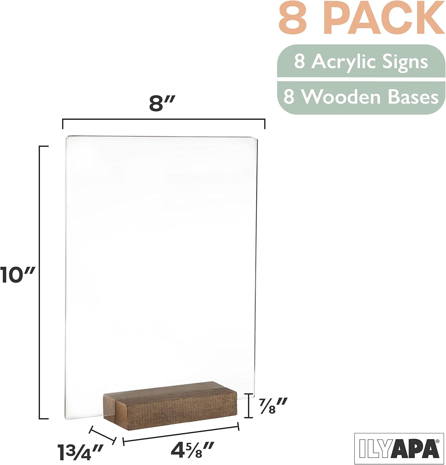 Ilyapa Soportes acrílicos para letreros con soportes de madera, paquete de 8 unidades, 8 x 10 pulgadas, juego de números de mesa en blanco para