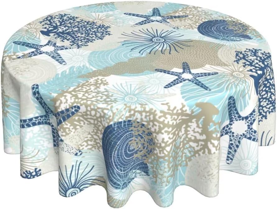 BETGINY Mantel costero redondo de 70 pulgadas, impermeable, náutico, playa, estrella de mar, coral, conchas marinas, mantel decorativo para picnic,