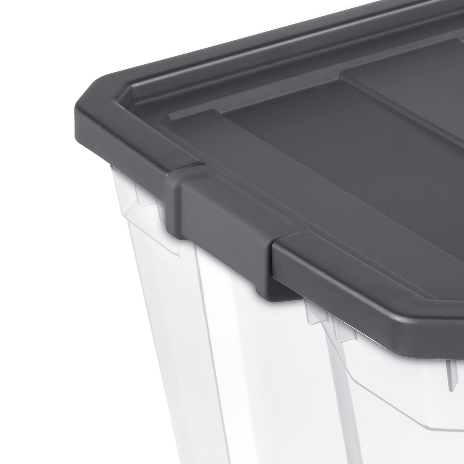 Sterilite Contenedor modular de plástico transparente de 200 cuartos de galón con tapa de pestillo, base transparente y superficie texturizada de