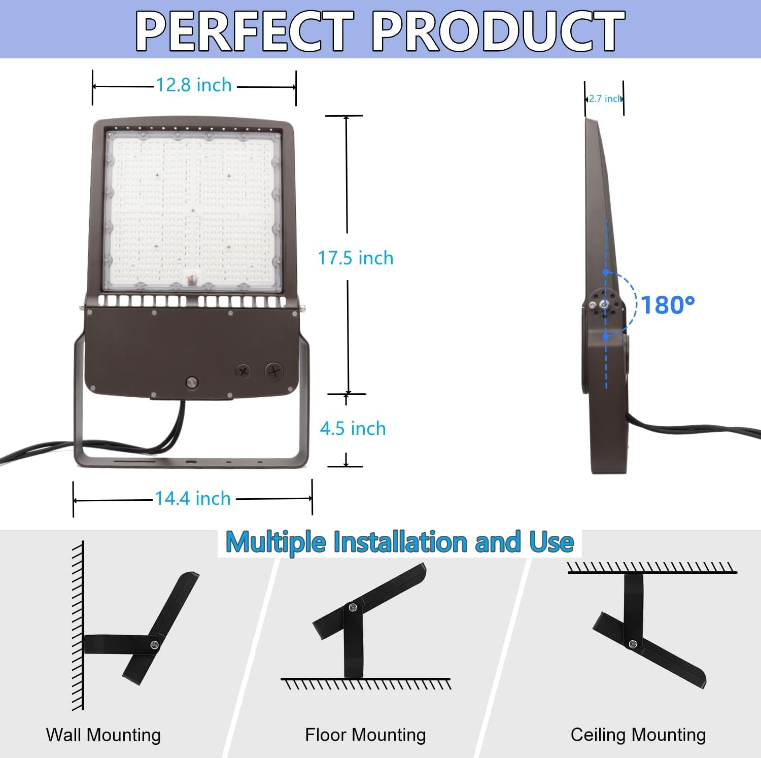 ununono Lámpara de inundación LED para exteriores de 300W, 0-10V regulable, 42,000LM (140LMW), luz diurna 5000K, 100-277V, IP65 UL impermeable