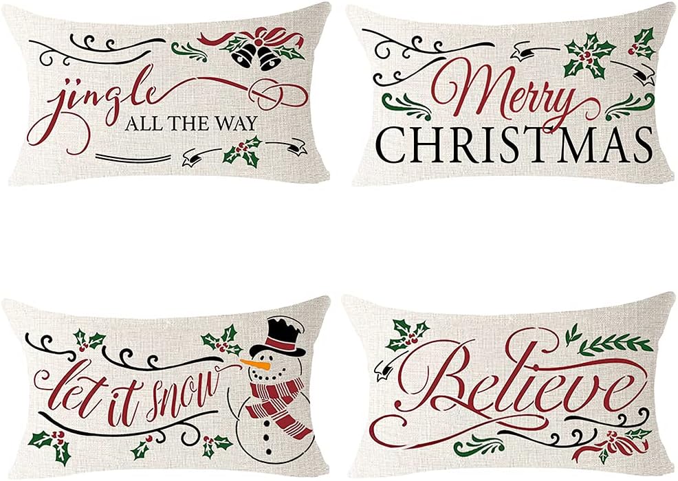 Juego de 4 fundas de almohada lumbares de lino y algodón con copos de nieve con texto en inglés “Merry Christmas”, para cama, sofá, oficina,