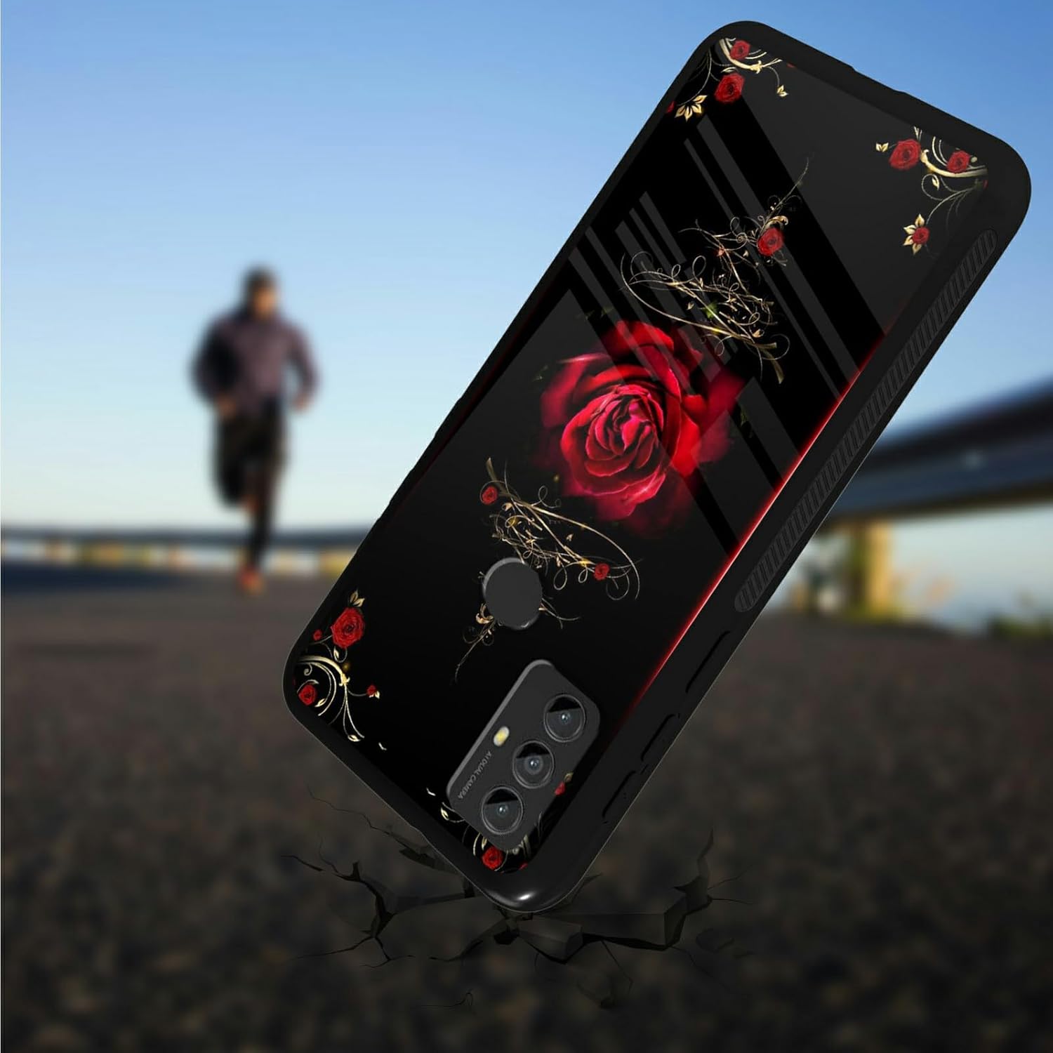 Funda para teléfono Motorola Moto G Play 2023 con protector de pantalla de vidrio templado delgado, cubierta negra, diseño elegante de flores rosas