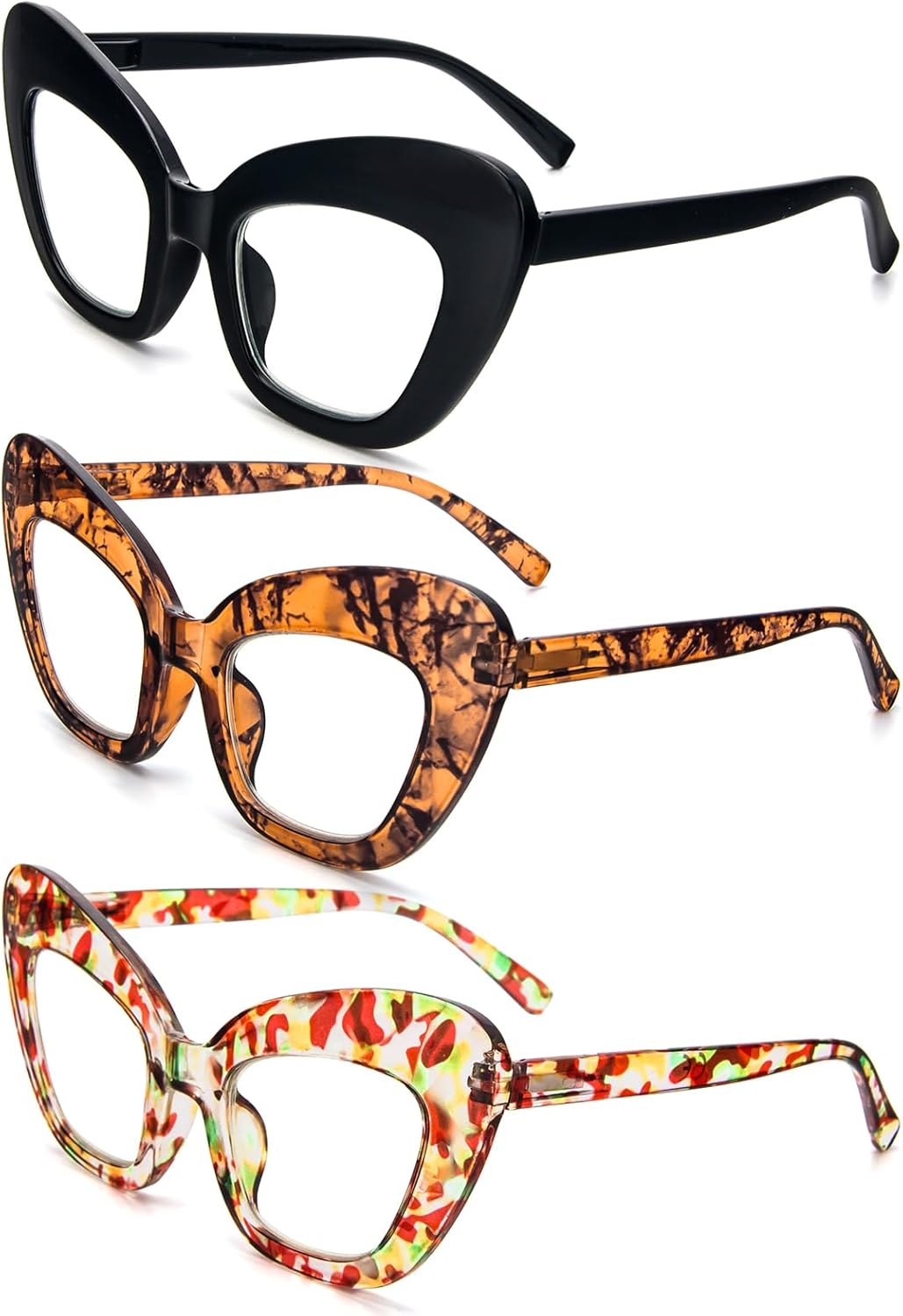REAVEE Paquete de 3 lentes de lectura de gran tamaño para mujer, bloqueo de luz azul, elegante, grueso, marco grande, bisagra de resorte, flor negra
