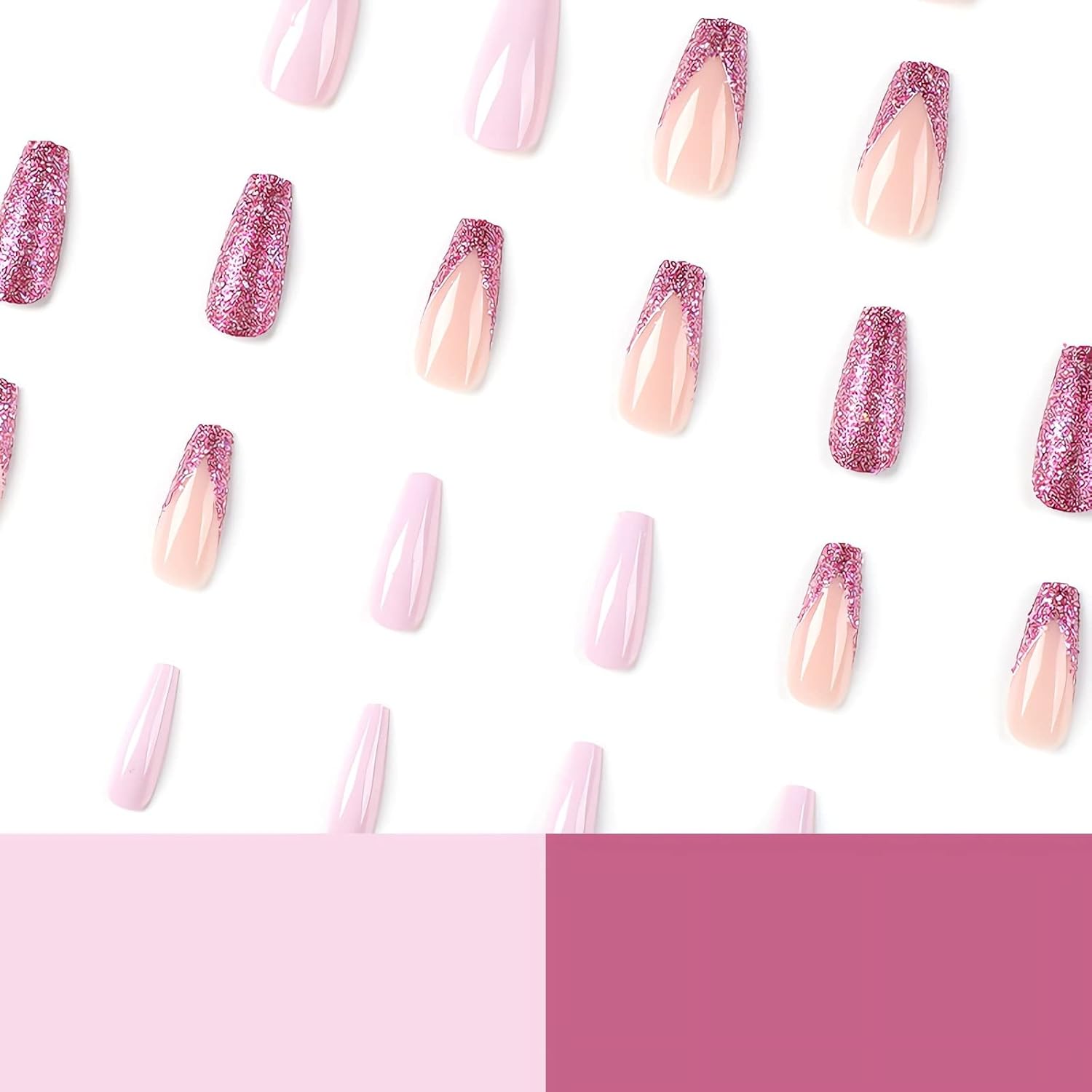 IMSOHOT Uñas postizas largas a presión, estilo ataúd, francesas, con purpurina, uñas postizas brillantes de cobertura completa, uñas acrílicas