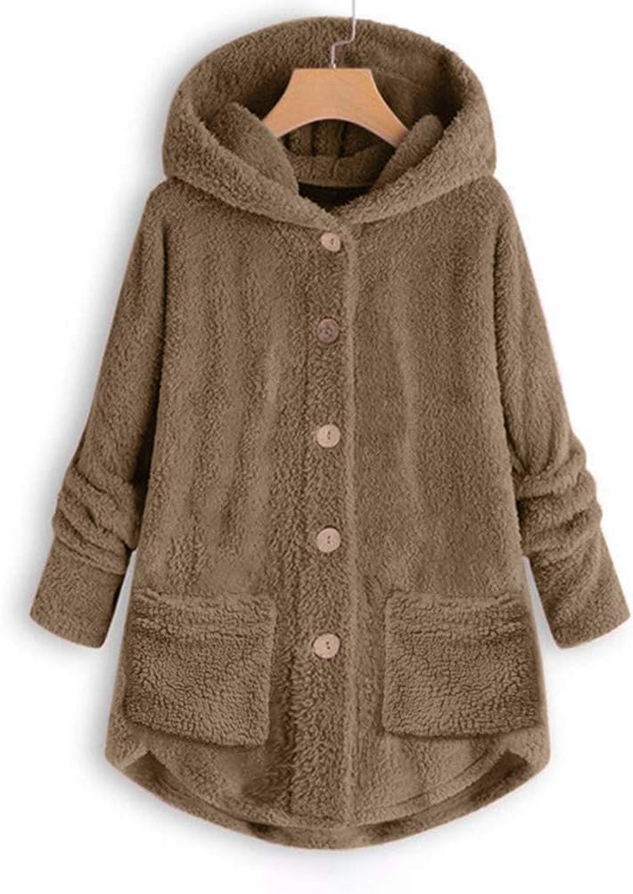 SNKSDGM Chaqueta de forro polar mullido para mujer, con capucha, botones, de longitud media, suave, lanudo y con bolsillos